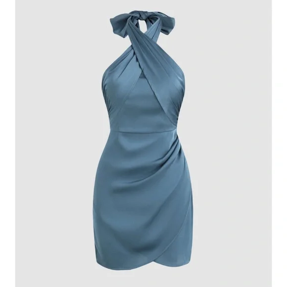 CIDER Woven Satin Cross Halter Short Sleeveless Dress with Adjustable Crisscross Neckline Vibrant Color Curve-Hugging Fit Versatile Weddings Parties